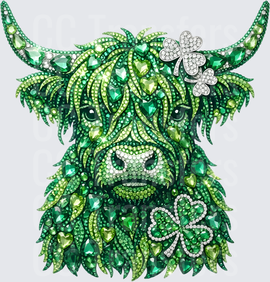 St. Patrick's Day Rhinestone Highland Cow Shamrock (DTF)