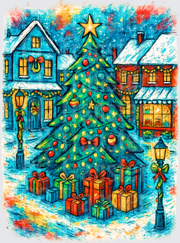 Colorful Christmas Village Tree Gifts Snow Scene (DTF)