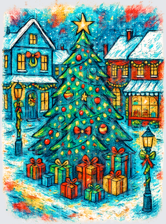 Colorful Christmas Village Tree Gifts Snow Scene (DTF)
