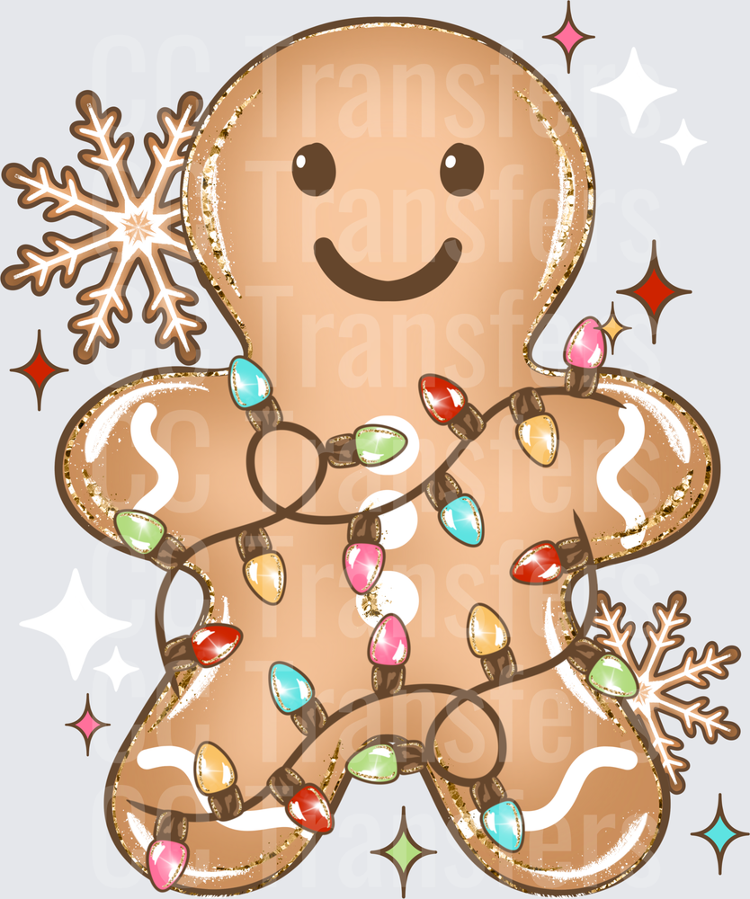 Cute Gingerbread Man Wrapped in Christmas Lights (DTF)