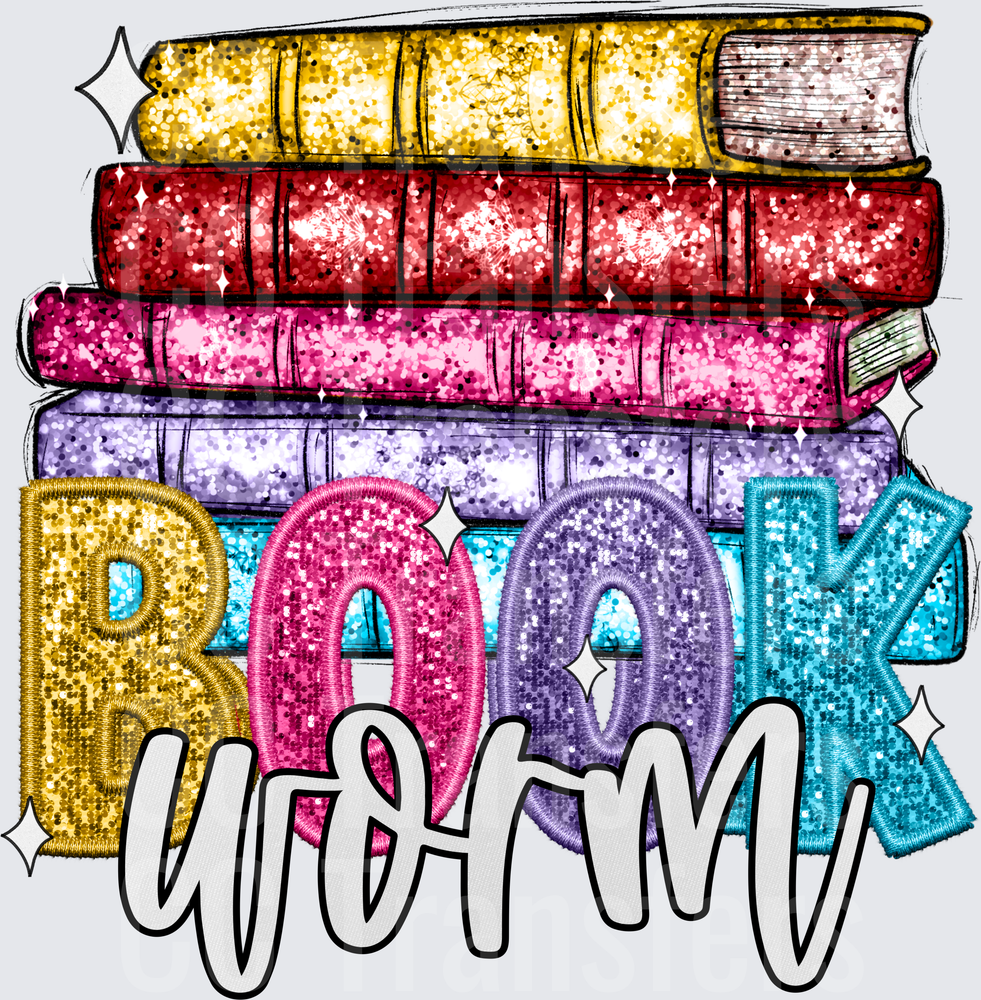 Glitter Stacked Books Bookworm Letter Design (DTF)