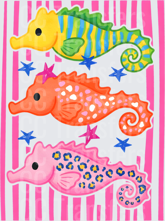 Colorful Cute Seahorse Trio Pink Stripe Background (DTF)