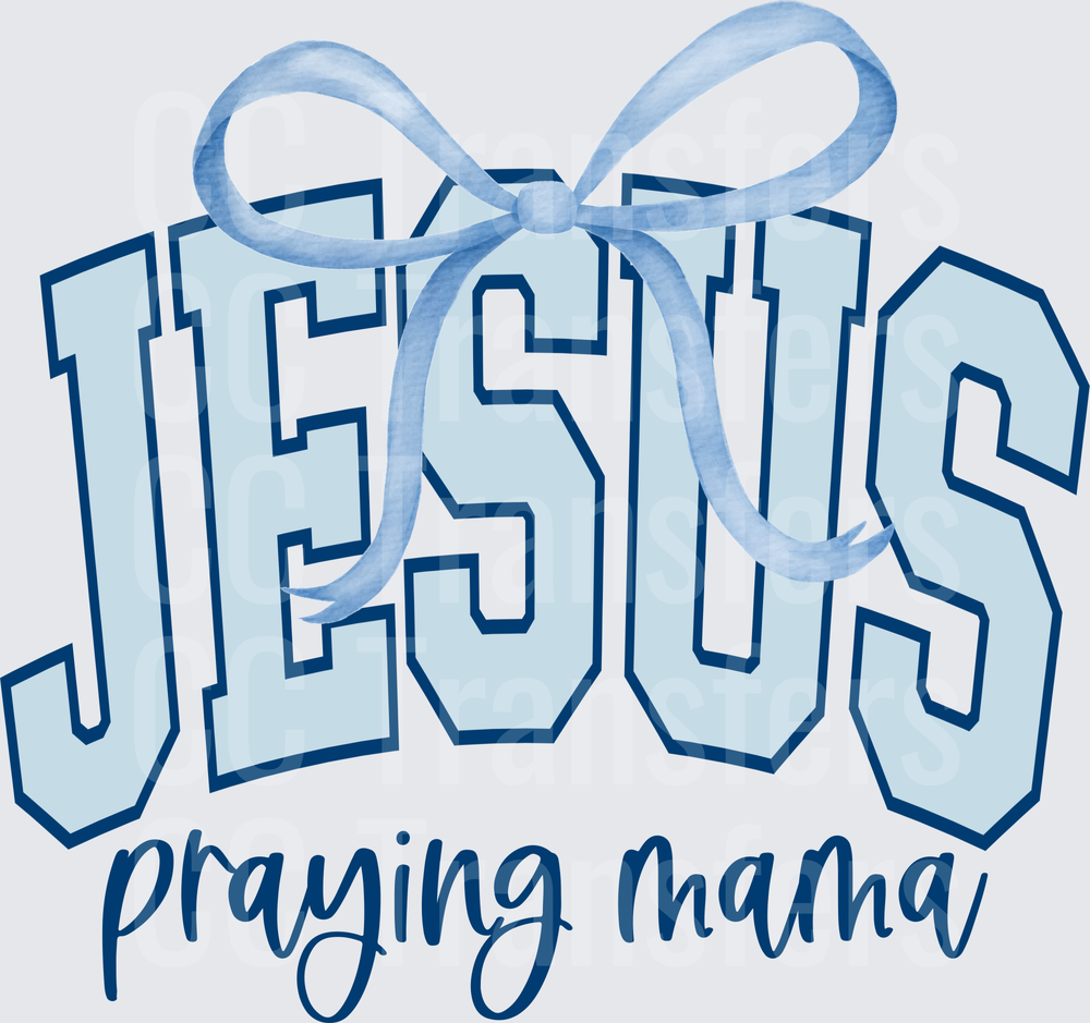Jesus Praying Mama Bold Varsity Letters with Blue Bow (DTF)
