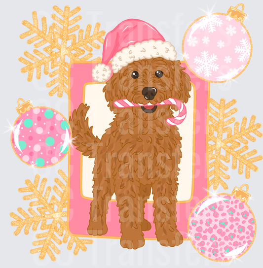Fluffy Brown Doodle Dog Santa Hat Candy Cane Christmas (DTF)