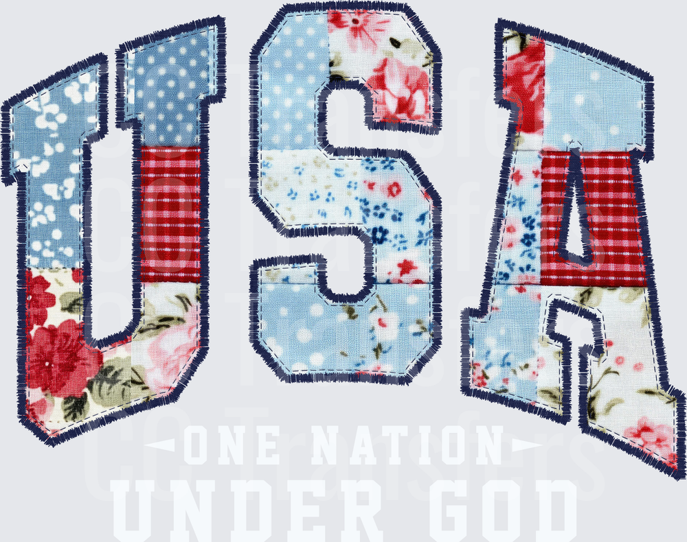 USA Patchwork Floral Fabric Appliqué One Nation Under God (DTF)