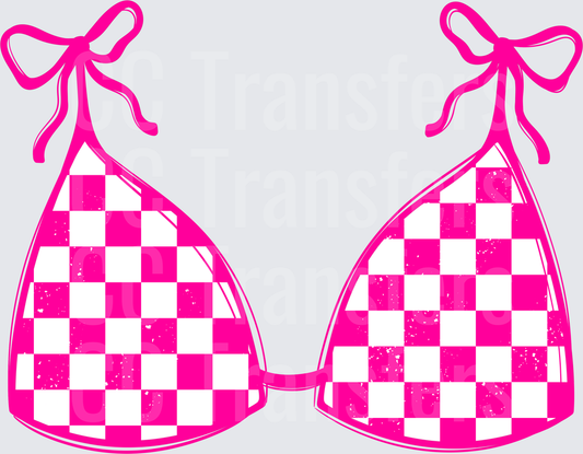 Hot Pink Checkered Bikini Top with Bow Ties (DTF)