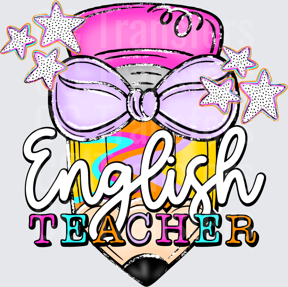 English Teacher Glam Pencil with Bow and Stars (DTF)
