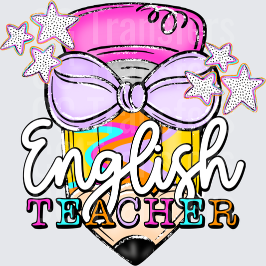 English Teacher Glam Pencil with Bow and Stars (DTF)