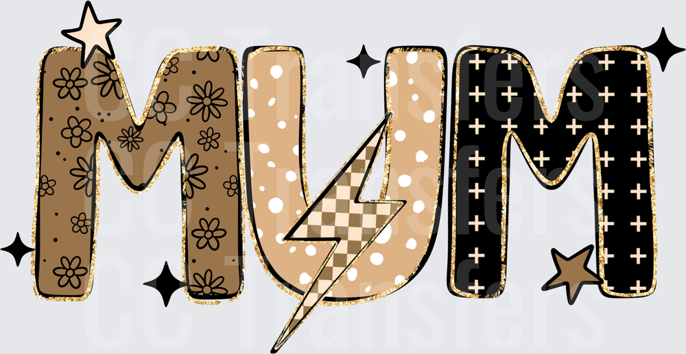Boho MUM Letter Design with Lightning Bolt Gold Glitter (DTF)