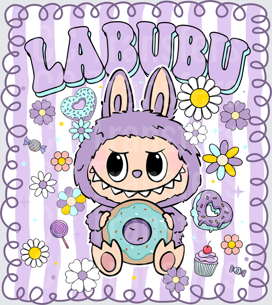 Cute Fuzzy Monster Bunny Holding Donut Floral Candy (DTF)