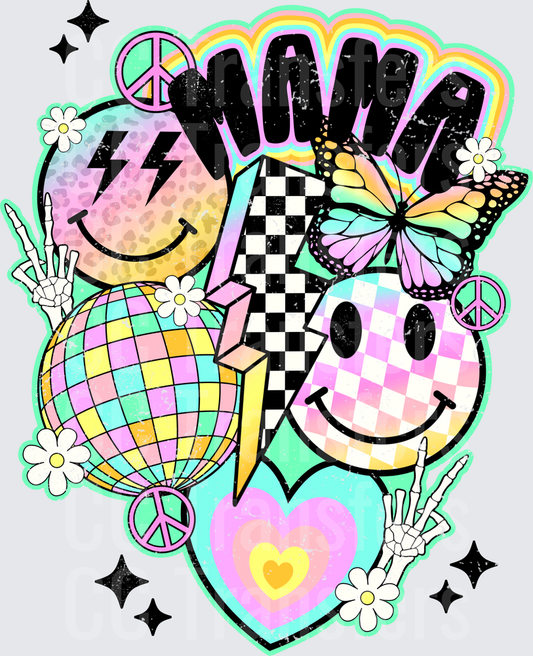 Mama Retro Groovy Smiley Faces Disco Ball Pastel (DTF)