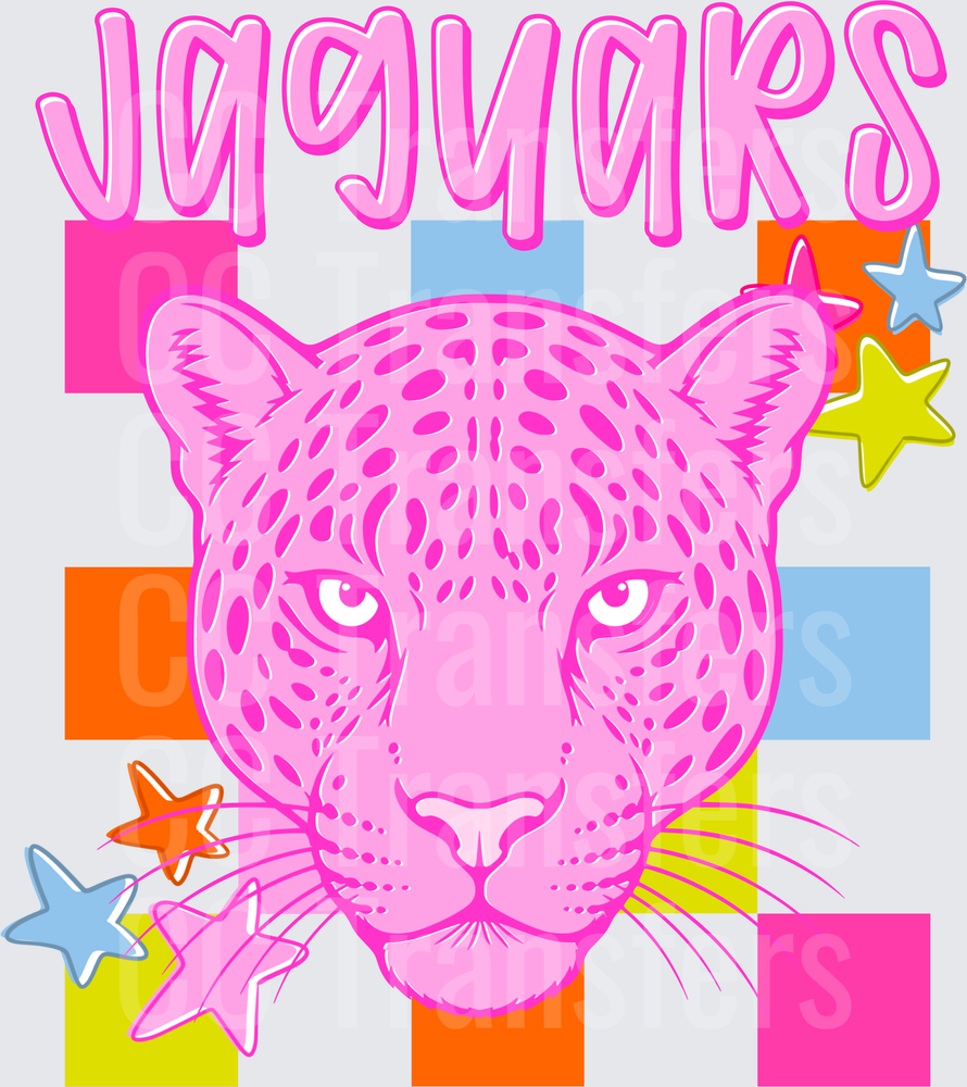Jaguars Pink Mascot Head Colorful Stars Retro (DTF)
