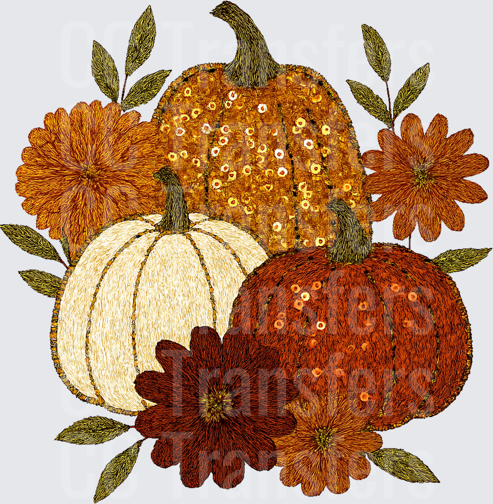 Embroidered Sequin Fall Pumpkins Floral Botanical Trio (DTF)