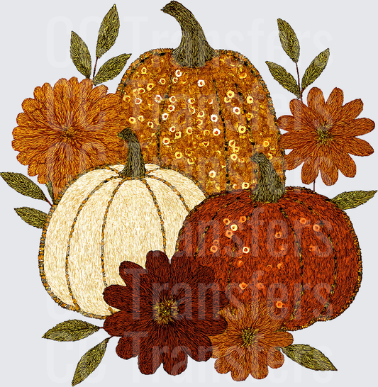 Embroidered Sequin Fall Pumpkins Floral Botanical Trio (DTF)