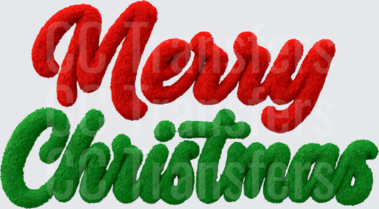 Fluffy Fuzzy Merry Christmas Red Green Script Text (DTF)