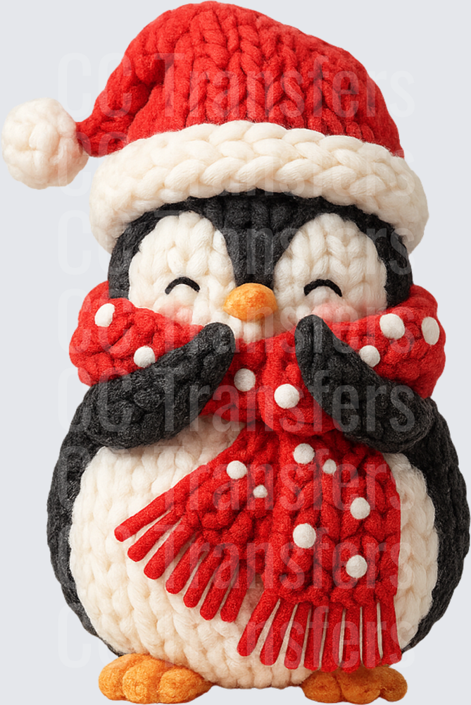 Cozy Knit Penguin Santa Hat Red Polka Dot Scarf (DTF)