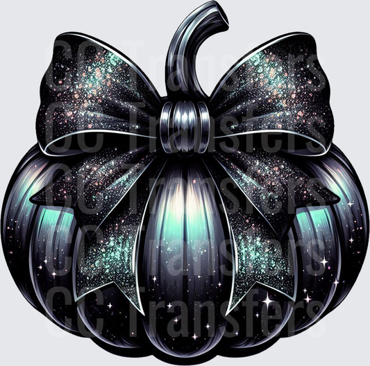 Glittery Black Galaxy Pumpkin with Sparkle Bow (DTF)
