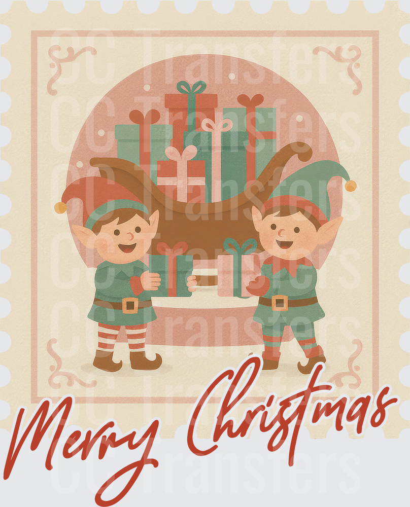 Merry Christmas Vintage Stamp Two Elves with Gifts (DTF)