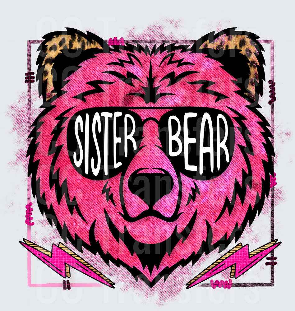 Sister Bear Pink Leopard Bear Sunglasses Lightning Bolt (DTF)