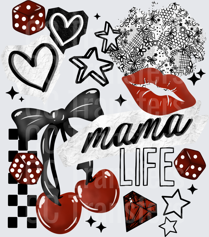 Mama Life Red Black Bow Cherry Dice Hearts Collage (DTF)