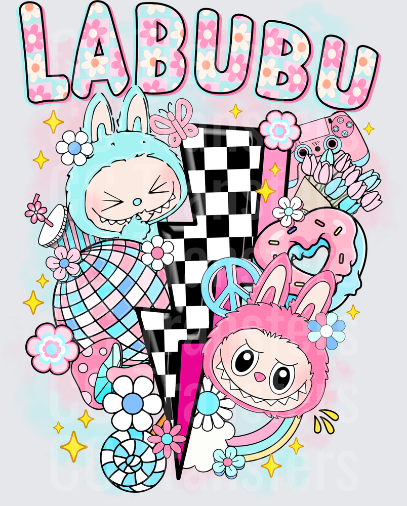 Labubu Pastel Kawaii Bunny Characters Checkered Bolt (DTF)