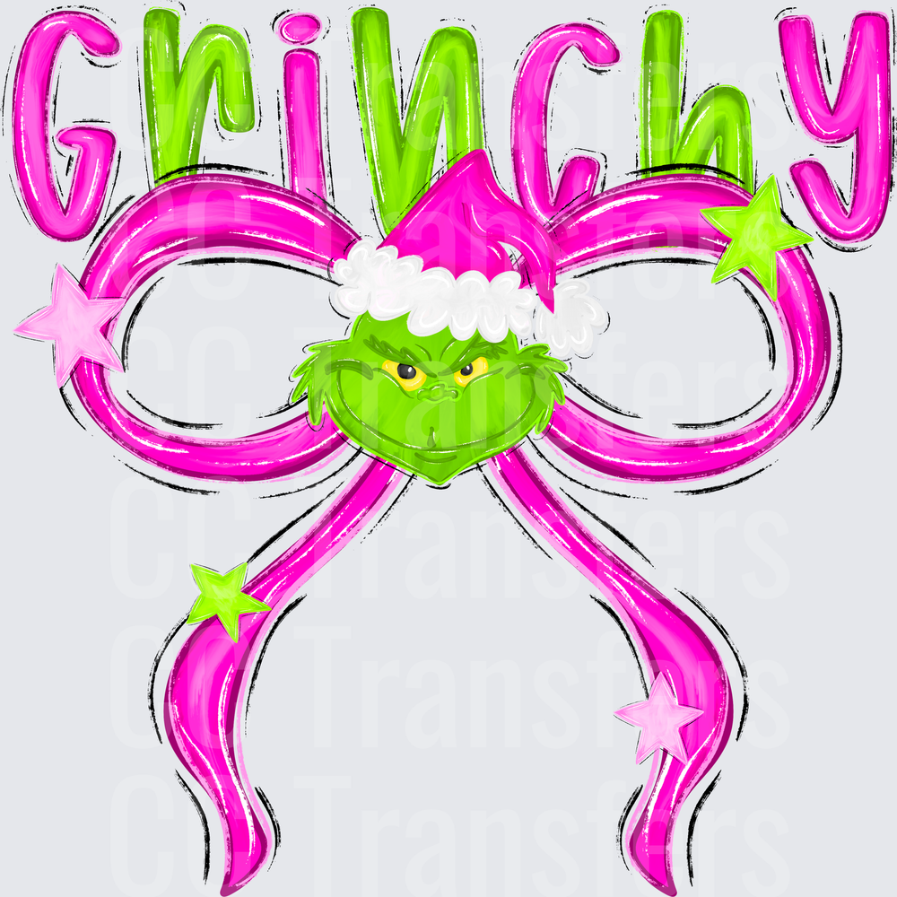 Grinchy Green Holiday Face Hot Pink Coquette Bow (DTF)