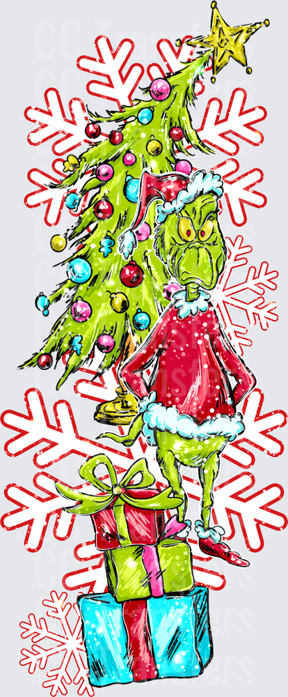 Grumpy Green Christmas Character With Tree And Gifts (DTF)