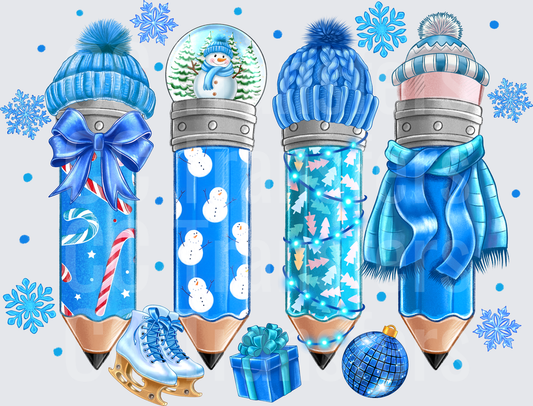 Winter Christmas Pencils with Hats Snowflakes Blue (DTF)