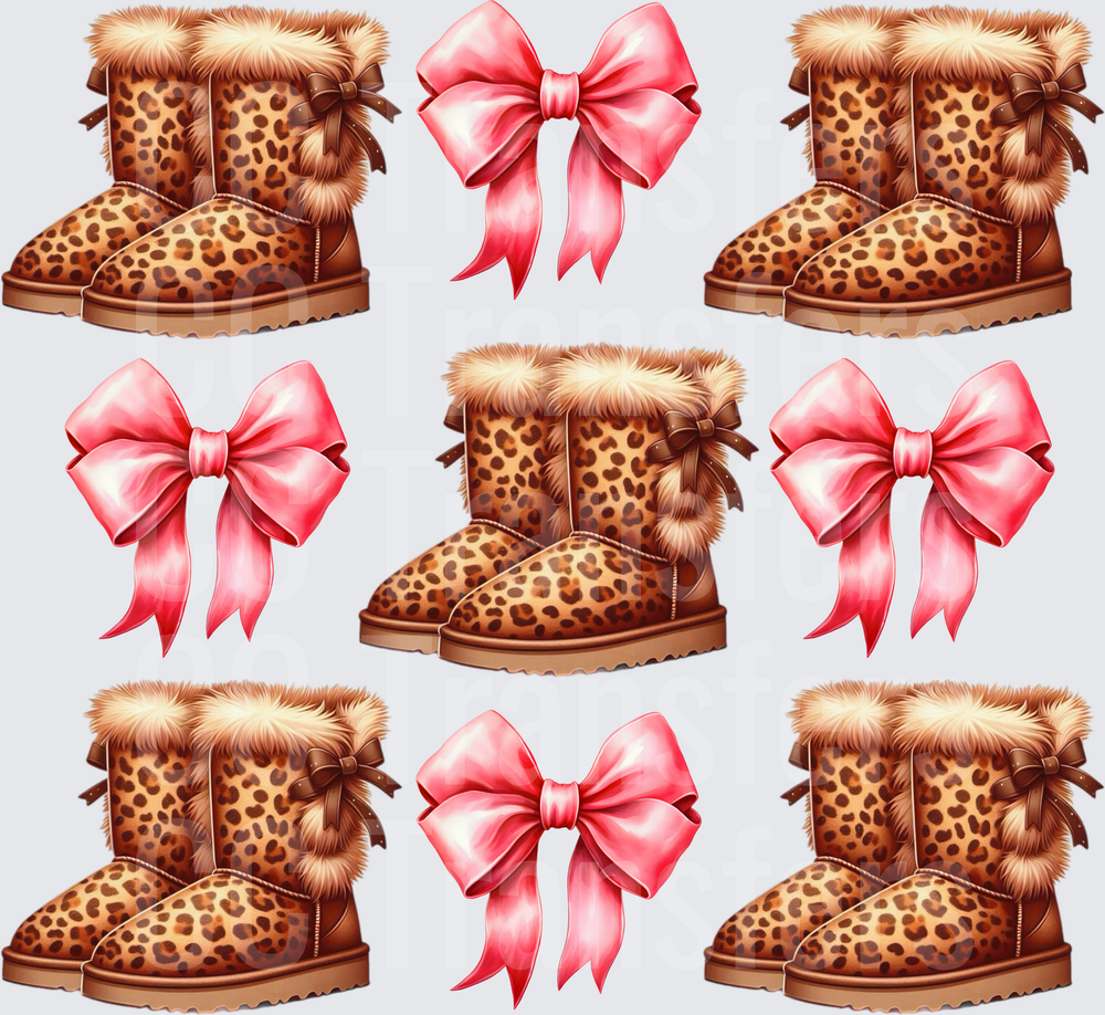 Leopard Print Fuzzy Boots and Pink Bows Pattern (DTF)