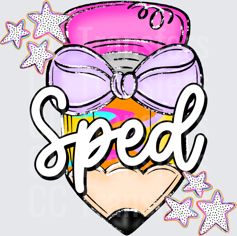Sped Heart Pencil Purple Bow Colorful Stars (DTF)