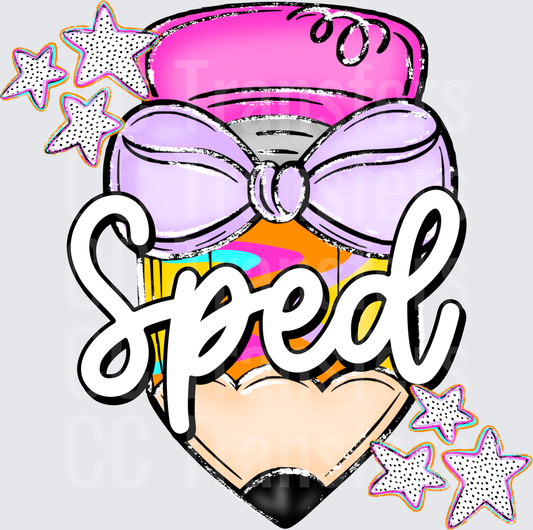 Sped Heart Pencil Purple Bow Colorful Stars (DTF)