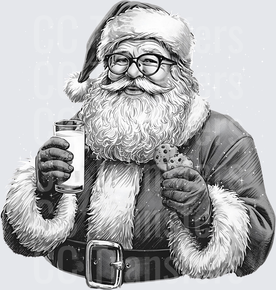 Grayscale Santa with Glasses Holding Milk and Cookie (DTF)