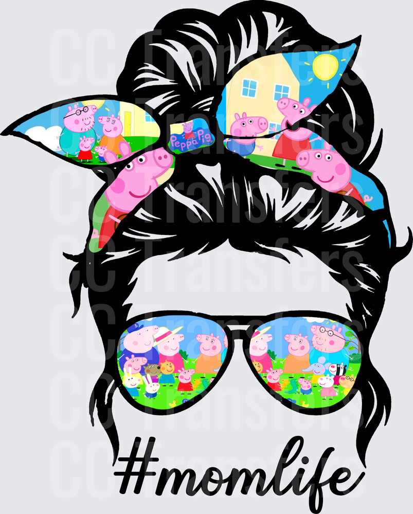 Messy Bun Mom Life Cartoon Pig Family Sunglasses (DTF)