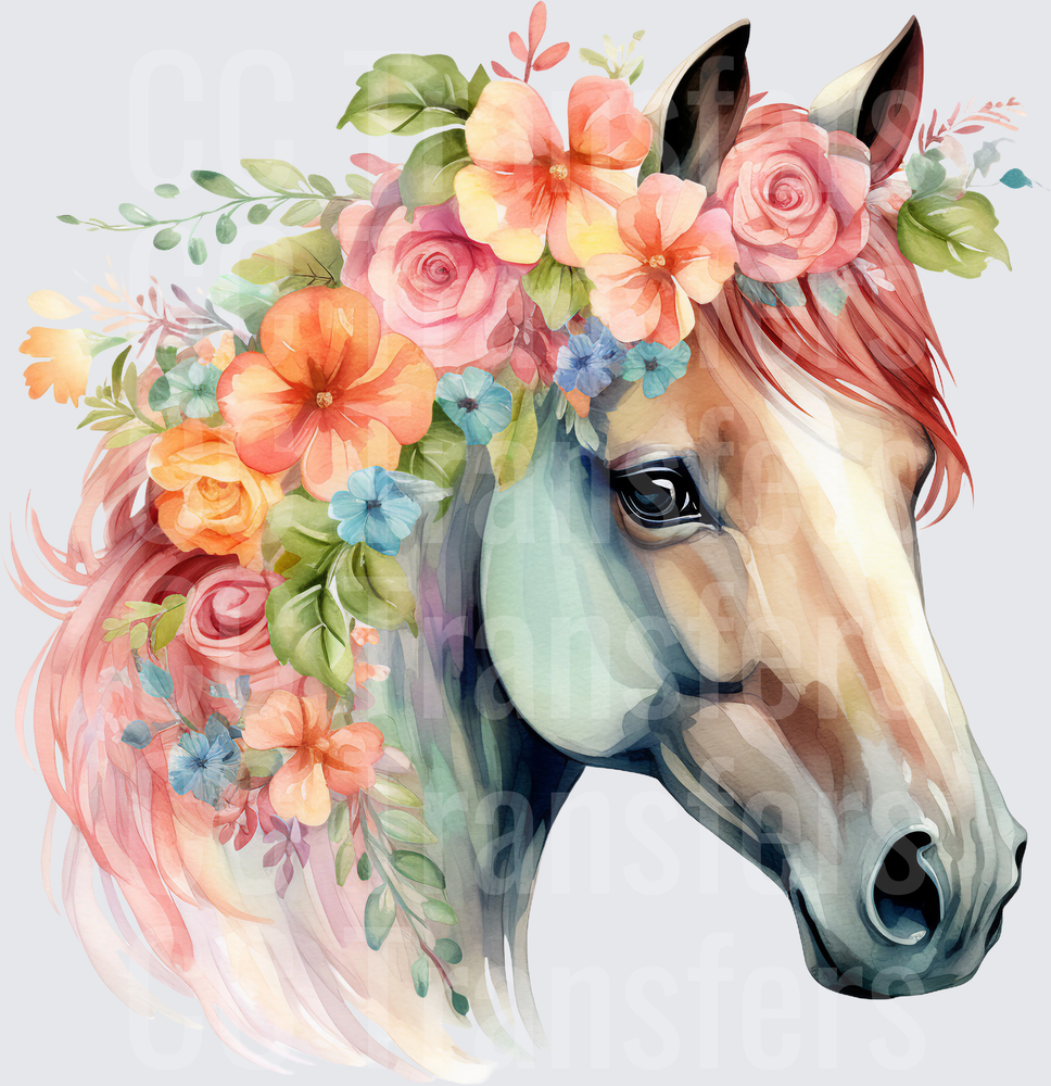 Watercolor Horse with Floral Crown Pink Mane (DTF)