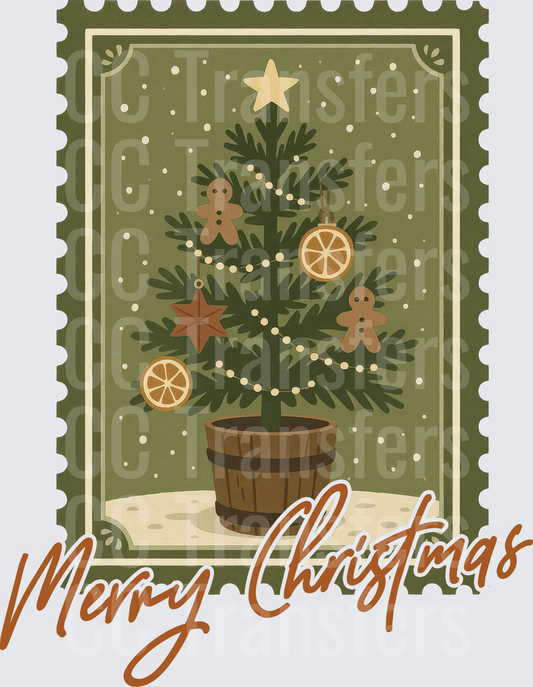 Vintage Postage Stamp Christmas Tree Merry Christmas (DTF)