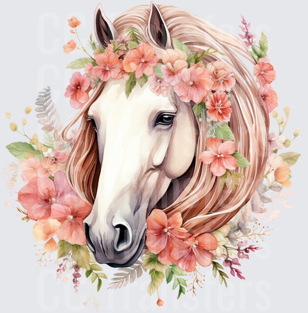 Watercolor Horse with Peach Floral Crown Botanical (DTF)