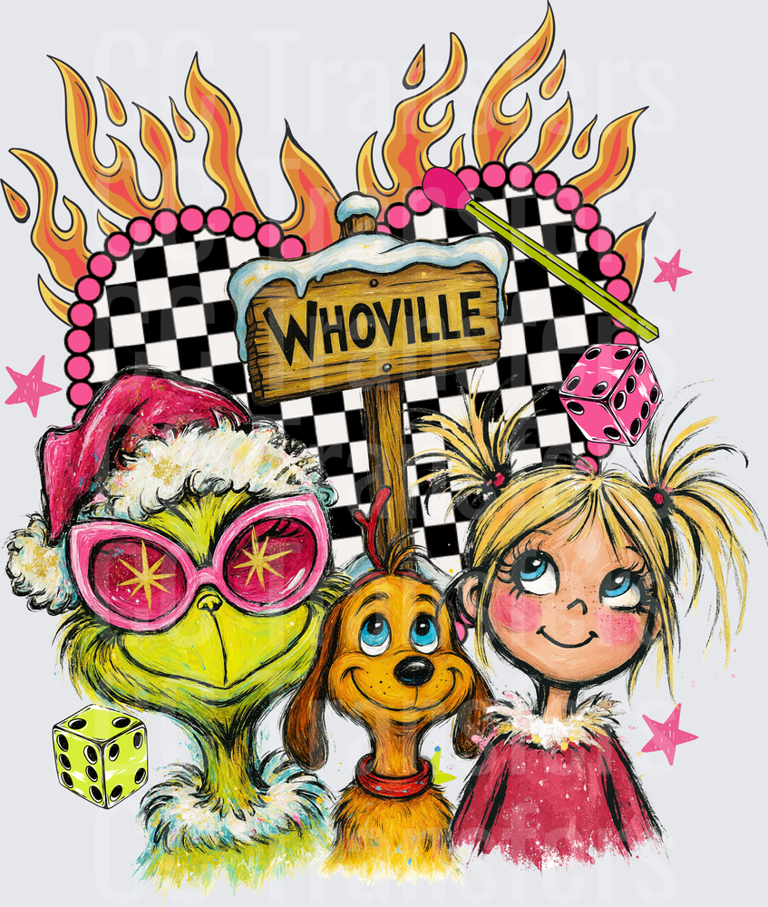 Whoville Sign Green Creature Cindy Lou Max Retro Flames DTF