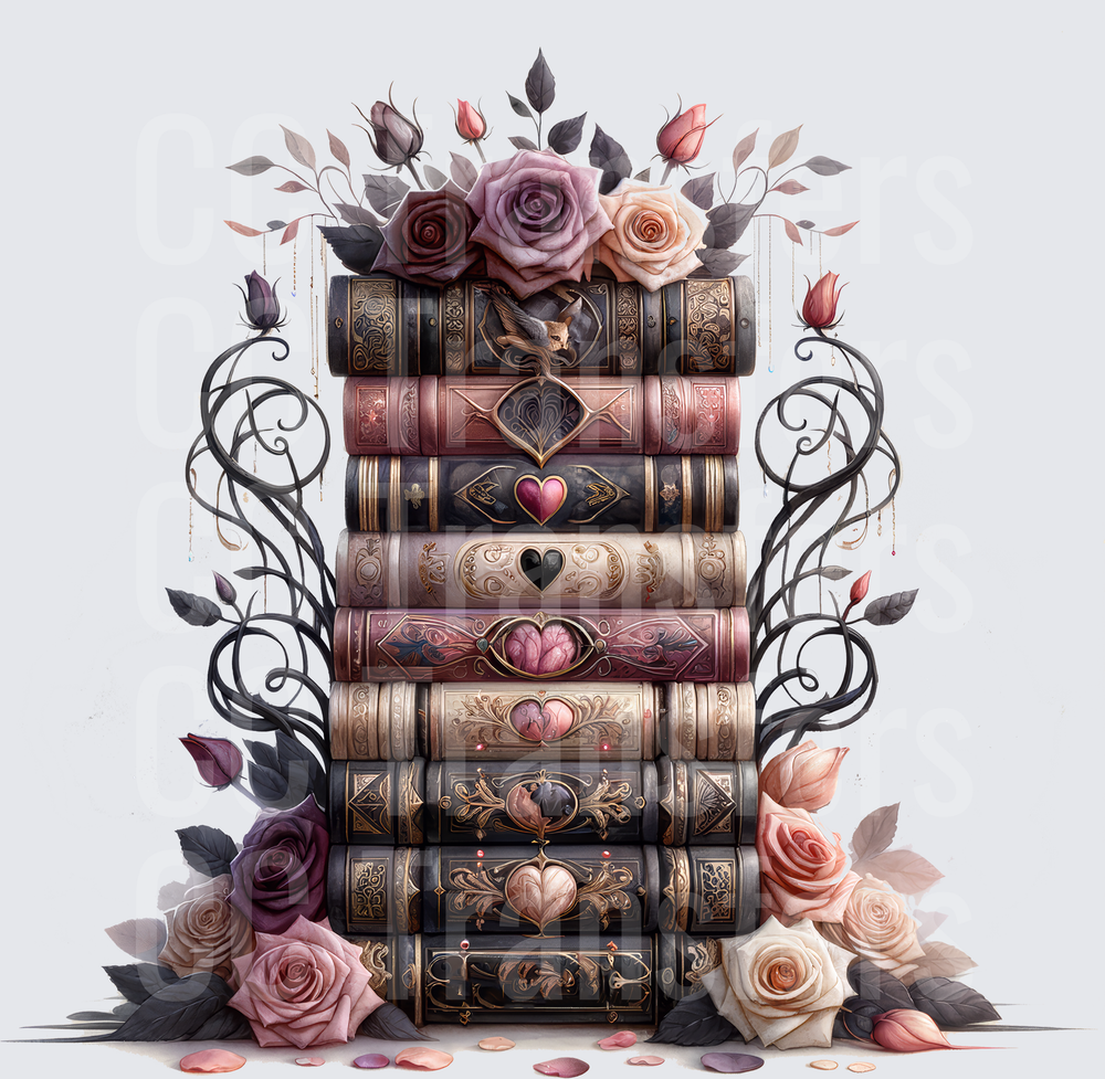 Gothic Floral Book Stack with Heart Emblems (DTF)