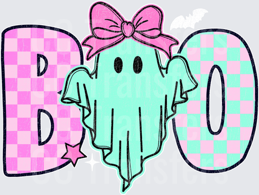 Pastel Checkered BOO Ghost with Pink Bow Halloween (DTF)