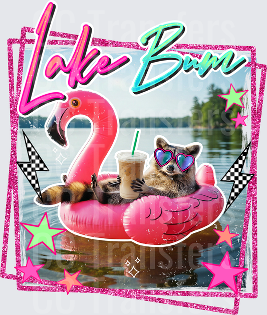 Lake Bum Raccoon on Flamingo Float with Iced Coffee (DTF)