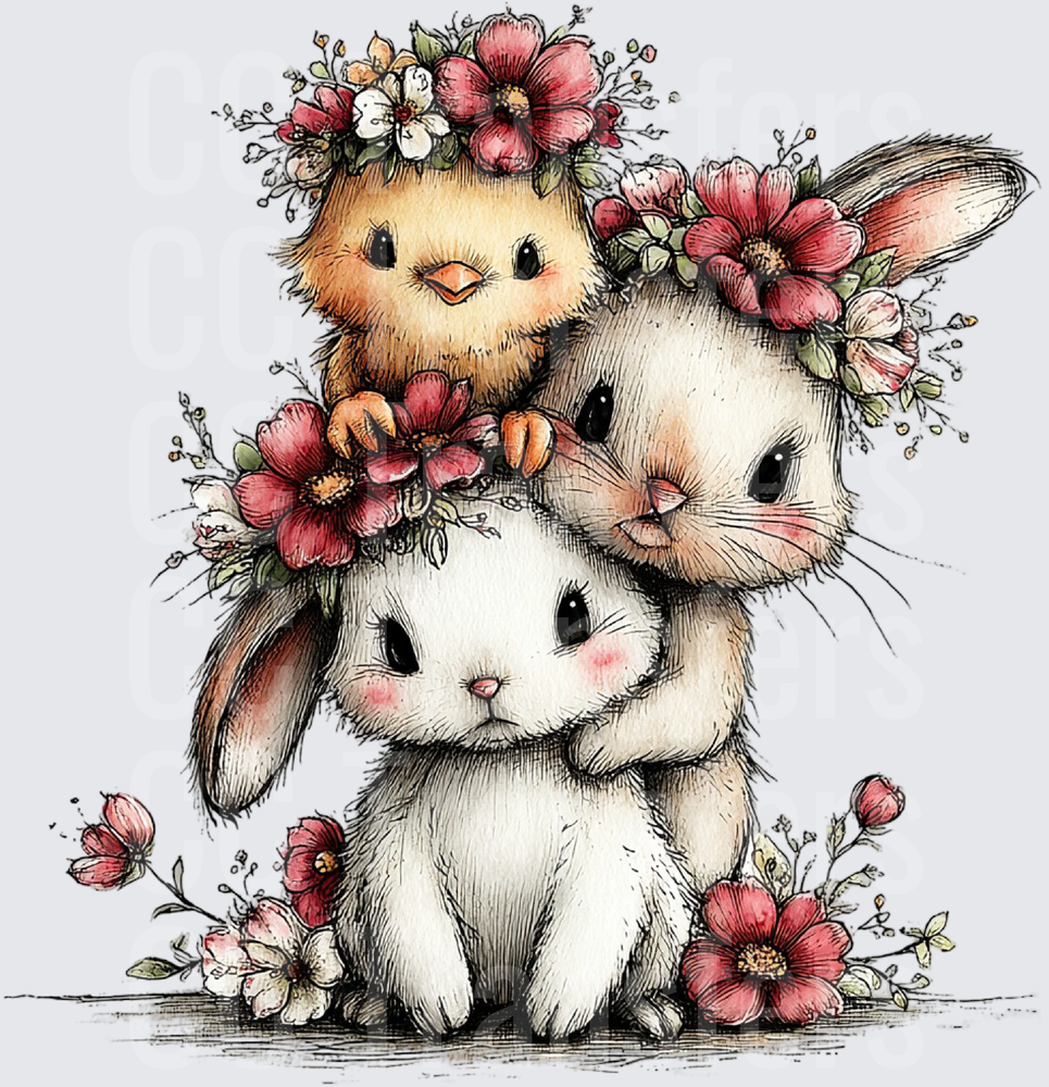 Cute Bunny Trio with Baby Chick Floral Crown Stack (DTF)