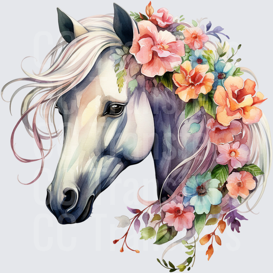 Watercolor Horse Portrait with Colorful Floral Crown (DTF)