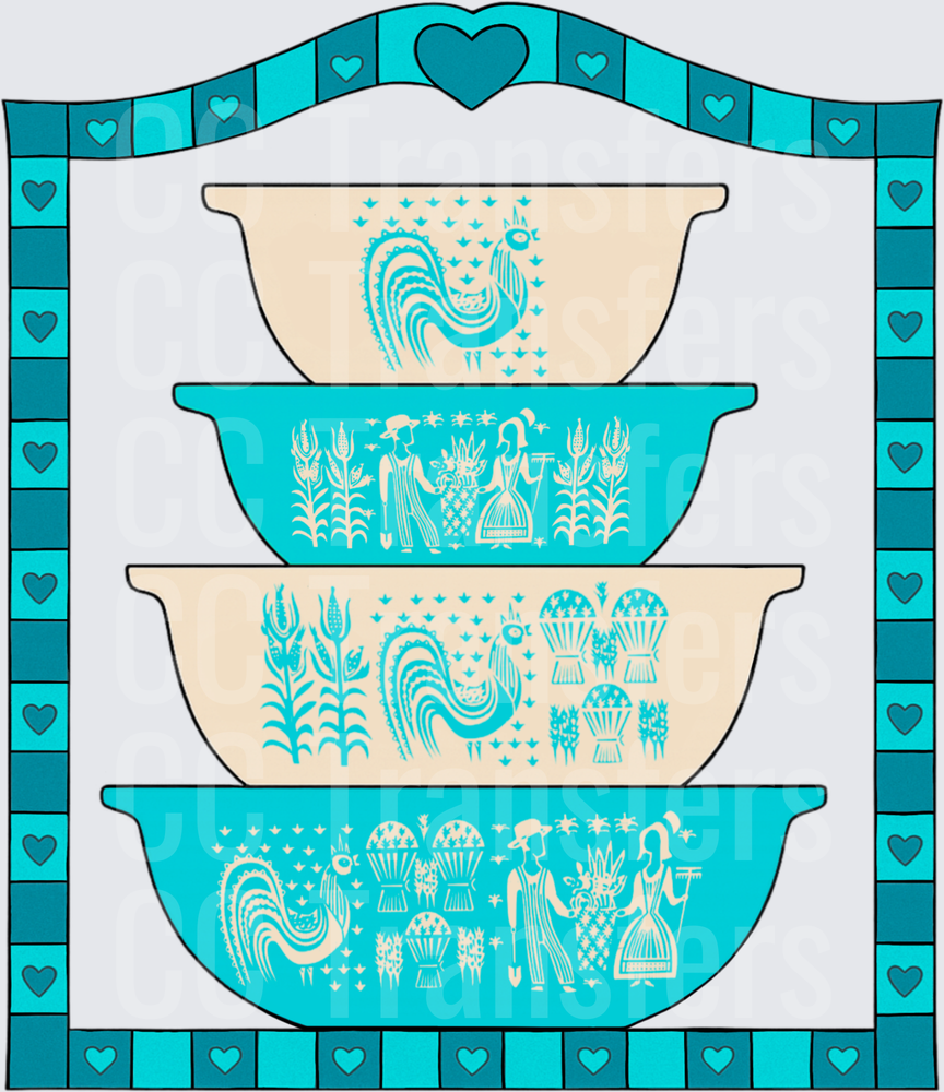 Vintage Farmhouse Nesting Bowls Teal Folk Art Set (DTF)