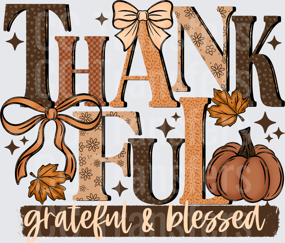 Thankful Grateful & Blessed Fall Pumpkin Bow Design (DTF)