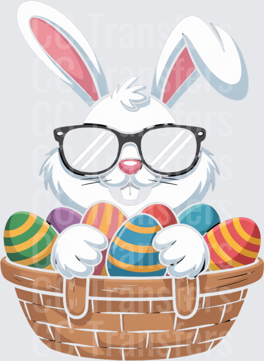 Cool Easter Bunny with Sunglasses and Colorful Egg Basket (DTF)