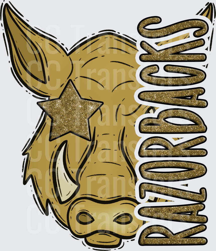 Gold Glitter Razorbacks Wild Boar Head with Star (DTF)