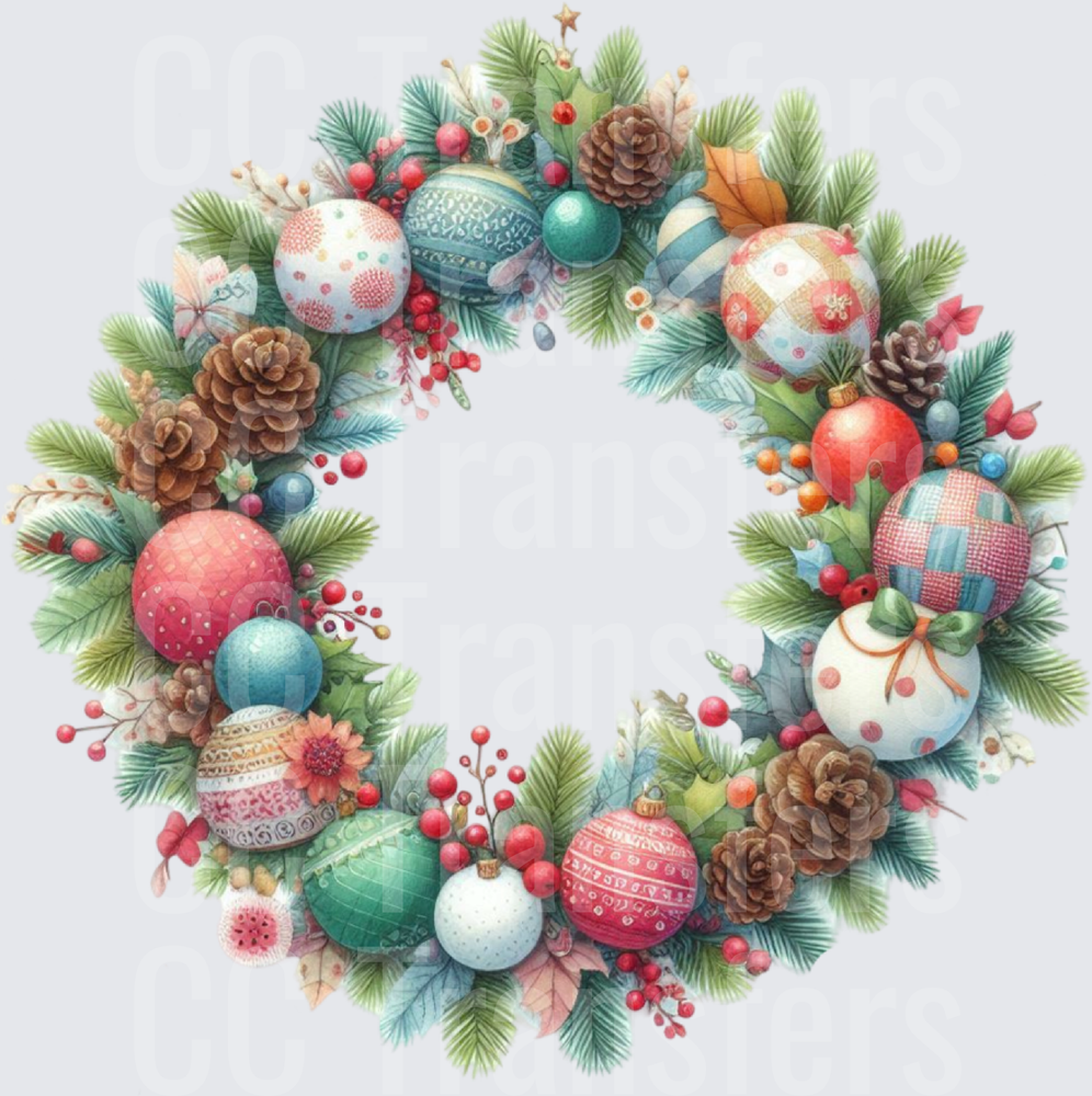 Watercolor Christmas Wreath with Ornaments and Pinecones (DTF)