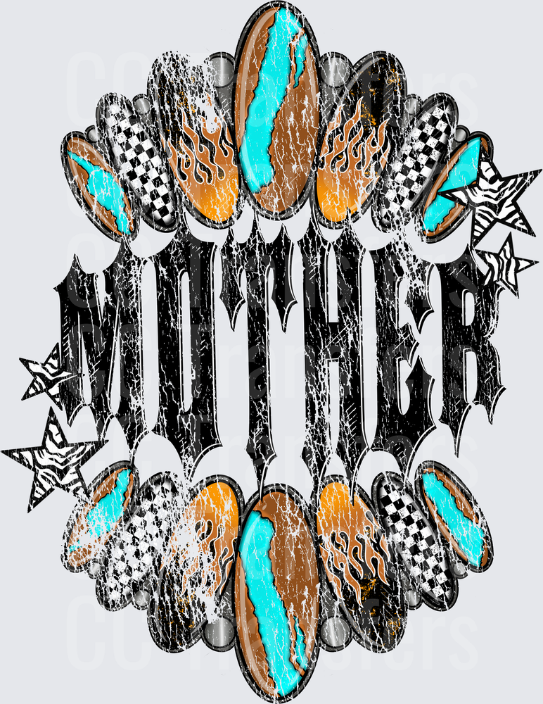 Grunge Mother Gothic Text Nail Art Zebra Stars Design (DTF)