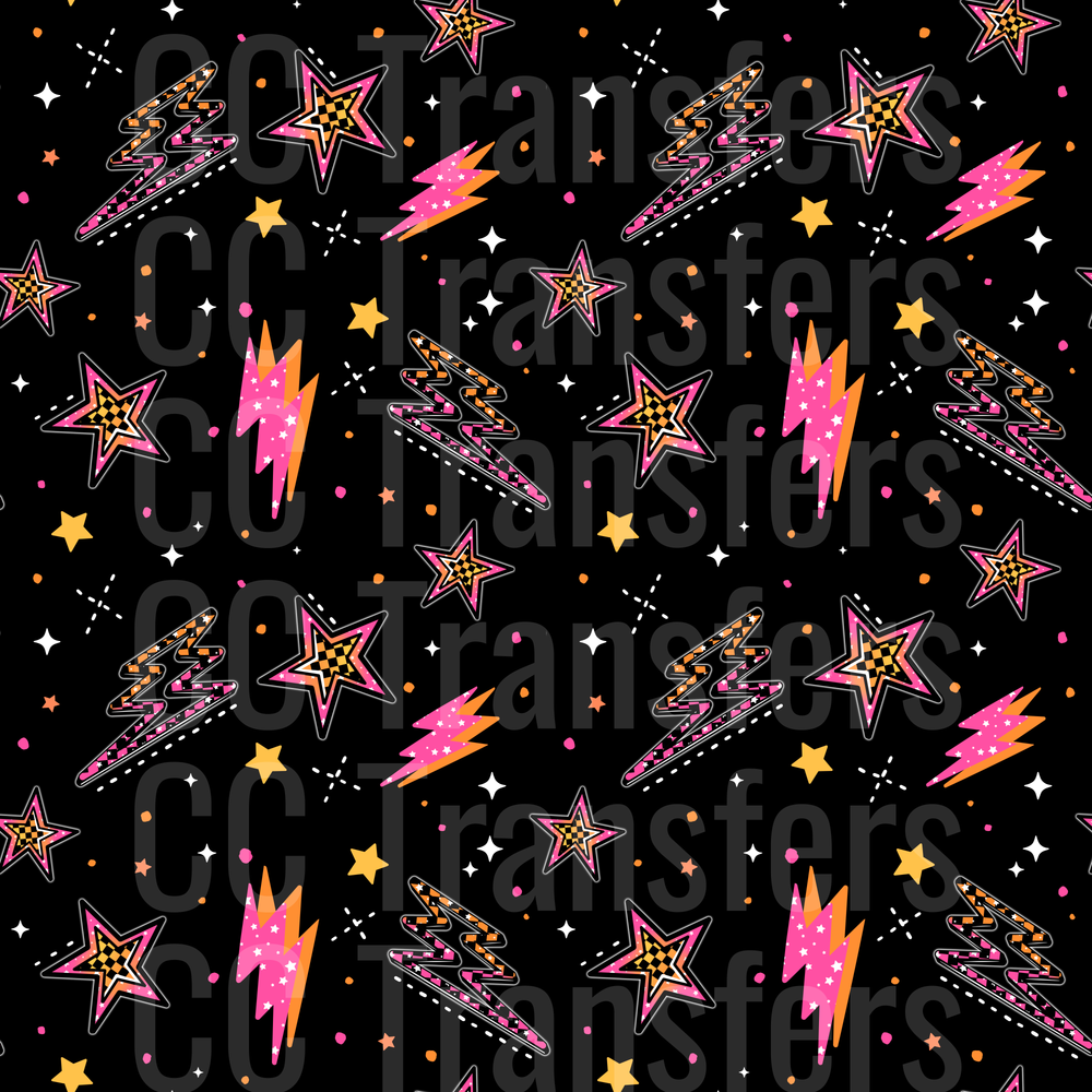 Retro Pink Orange Checkered Stars Lightning Bolts Pattern (DTF)