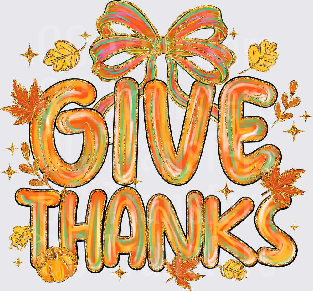 Give Thanks Glitter Bow Fall Leaves Pumpkin Design (DTF)